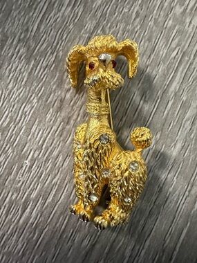 Gold-tone Poodle Dog Brooch Pin with Crystal Accents